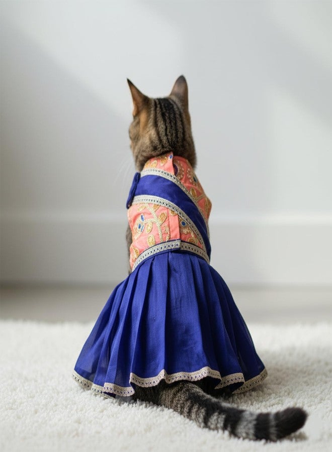 Lulala Traditional Indian Dog Dress for Festivals & Weddings | Sari-Style Ethnic Outfit for Dogs | Orange & Blue Designer Pet Costume with Golden Border for Small to Large Breeds - Image 4